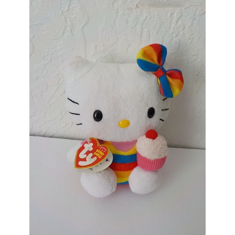 2011 Ty Beanie Babies Sanrio White Rainbow Stripe Hello Kitty w/ Muffin Plush 6